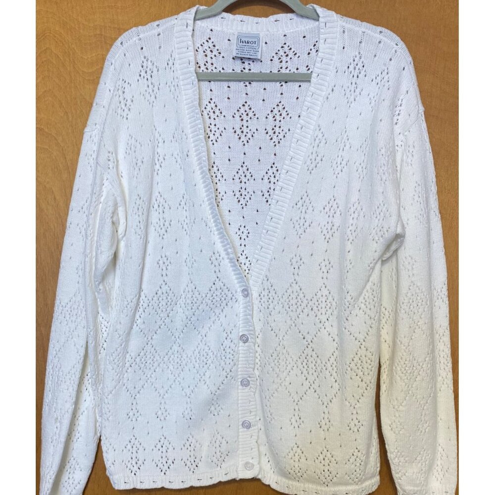 Vintage HAROT White Cardigan Button Sweater Made in USA Cotton Long Sleeve L